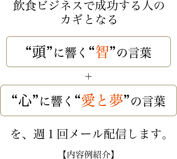 飲食ビジネスで成功する人のカギとなる、頭に響く智の言葉＋心に響く愛と夢の言葉を週1回メール配信します。